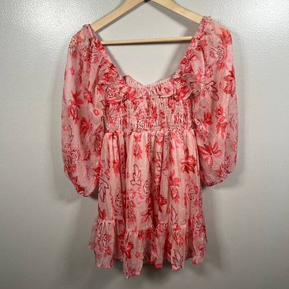 Hello Molly Aura Check Mini Dress Size US 2 Pink Floral Babydoll Chiffon - Picture 3 of 13